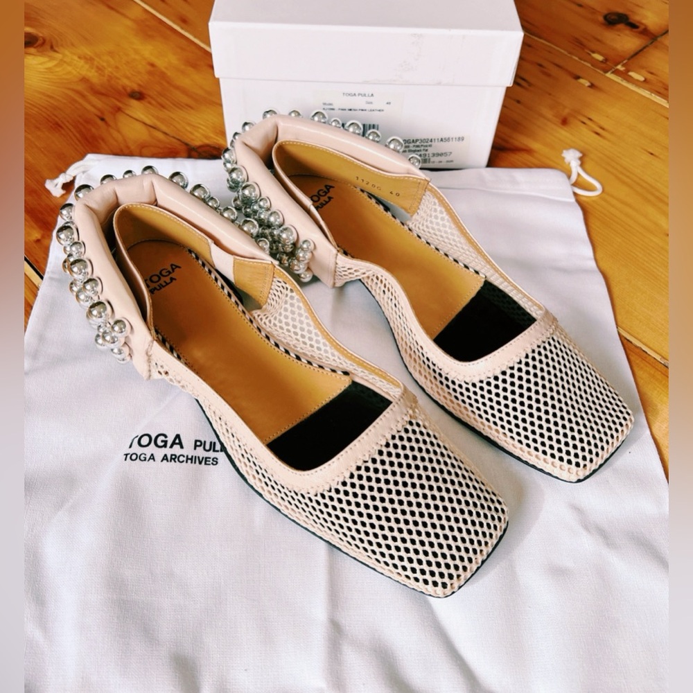 NEW! w/BOX Toga Pulla Mesh Slingback Flats in Pink-Cream with silver Studs Sz. 9